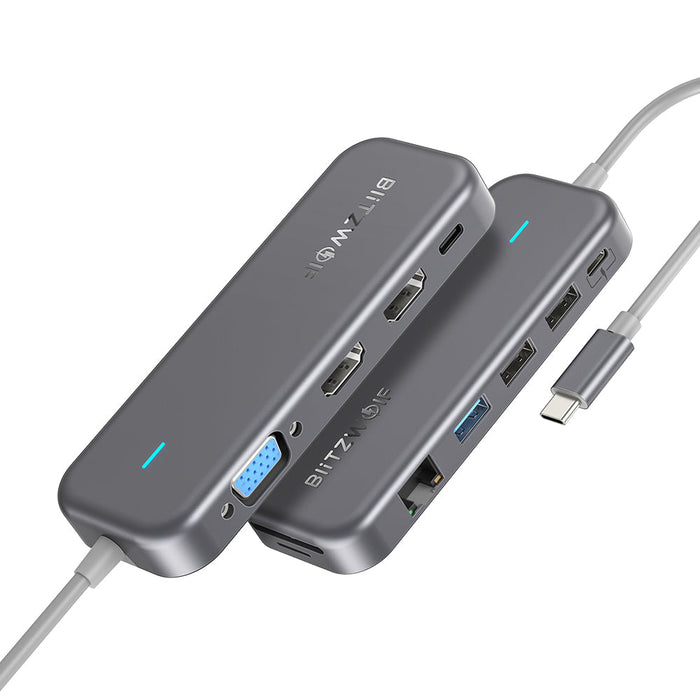BlitzWolf BW-TH11 - 11-in-1 USB-C Data Hub, Dual 4K HDMI, 1080P VGA, USB3.0, USB2.0, 1000Mbps RJ45 LAN, SD/TF Card Slots - Up to 100W Type-C PD Charging for Professionals