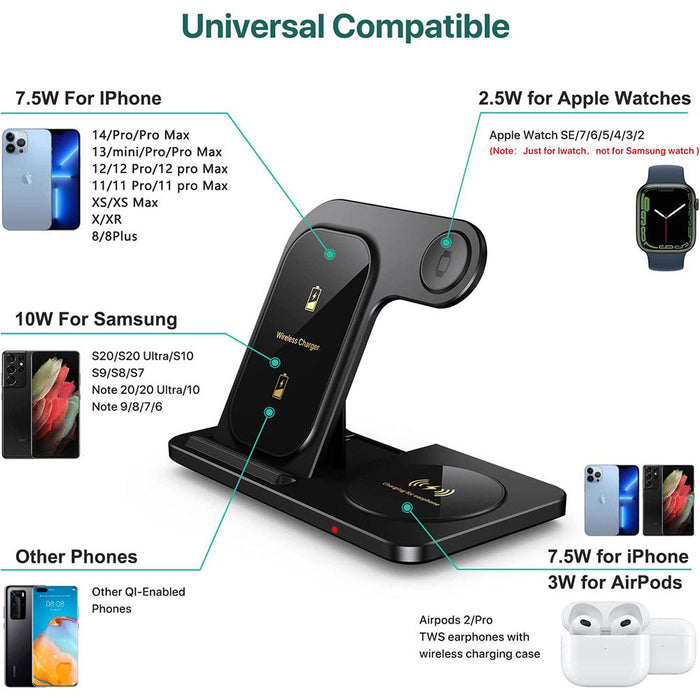 Wireless Fast Charging Dock - Multiple Wattage Options, 3-in-1 Device Charger for iPhone 14 13 12 11 Pro XS XR, Apple Watch, Airpods - Ideal for Apple Device Owners
