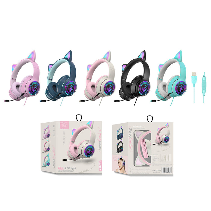 AKZ-023 Cat Ear Headset - Wired USB 7.1 Channel Stereo Sound, RGB Luminous Gaming Headphone with Noise-canceling Mic & Sound Card - Perfect for PC Gamers
