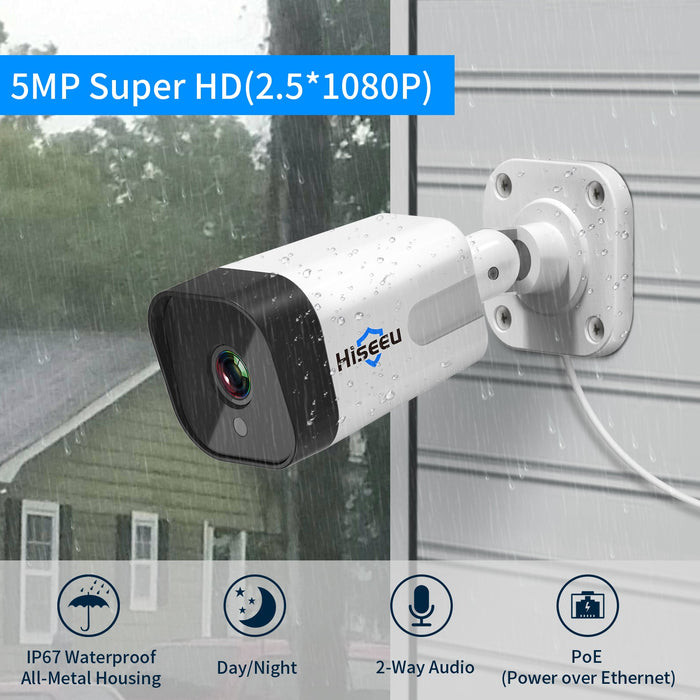 Hiseeu 8CH 5MP NVR Camera System - 4Pcs POE H.265+ IP Security Cameras, Audio, Night Vision 10m, IP66 Waterproof, Onvif - Ideal for Home and Business Security