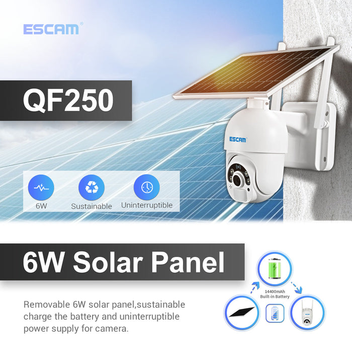 ESCAM QF250 - 1080P Wireless Battery-Powered Dome IP Camera with Solar Panel, Cloud Storage, and PIR Alarm – Full Color Night Vision, IP66 Waterproof, PTZ, Two-Way Audio for Indoor & Outdoor Use