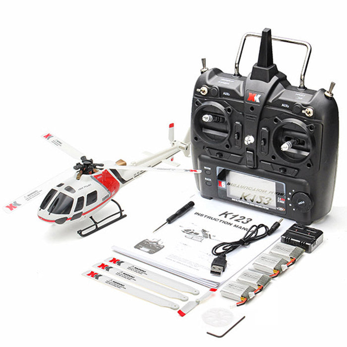 XK K123 AS350 - 6CH Brushless RC Helicopter, 3D6G System, FUTABA S-FHSS Compatible, 4PCS 3.7V 500mAh Lipo Battery - Perfect for Scale Flight Enthusiasts