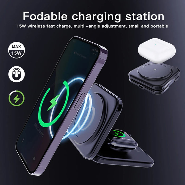 Magnetic Wireless Charger Foldable Stand - 2-in-1 with 15W Fast Charging Functionality for iWatch Ultra/8/7/6 and iPhone 14 Pro/13/12 - Ideal for Apple Watch and iPhone Owners Needing Faster Charging