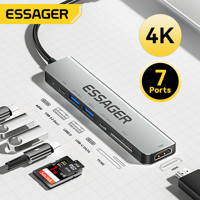 Essager USB Type-C Hub - 7-in-1 HDMI-Compatible Laptop Dock for MacBook Pro Air M1 M2, USB 3.0 Adapter Splitter Extensor - Perfect Workstation Solution for Professionals