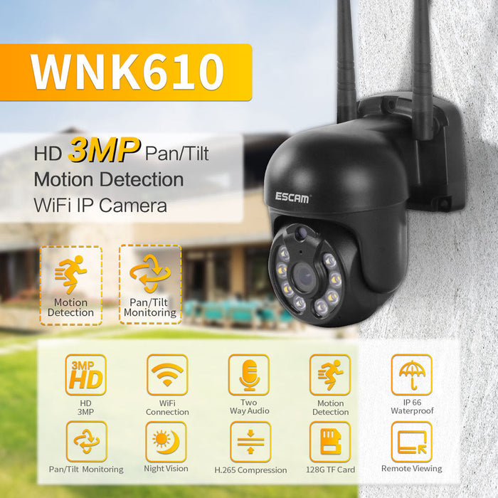 ESCAM WNK610 HD - 3MP 1296P Wireless PTZ WIFI IP Camera with AI Humanoid Motion Sensor & Auto Tracking - Perfect for Home Security Alarm Monitoring