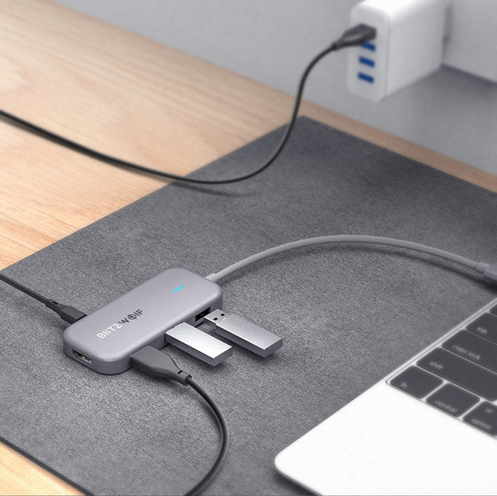BlitzWolf BW-TH5 7-in-1 USB-C Data Hub - 3-Port USB 3.0, TF Card Reader, USB-C PD Charging, 4K Display - Ideal for MacBooks, Notebooks, and Pros