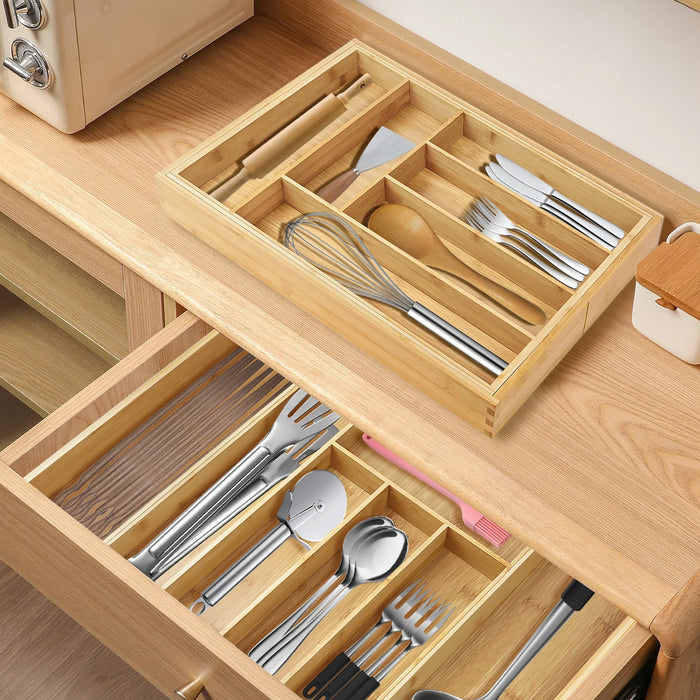 Bamboo Cutlery Tray, Expandable 32–52cm – 6–8 Compartment Drawer Organiser