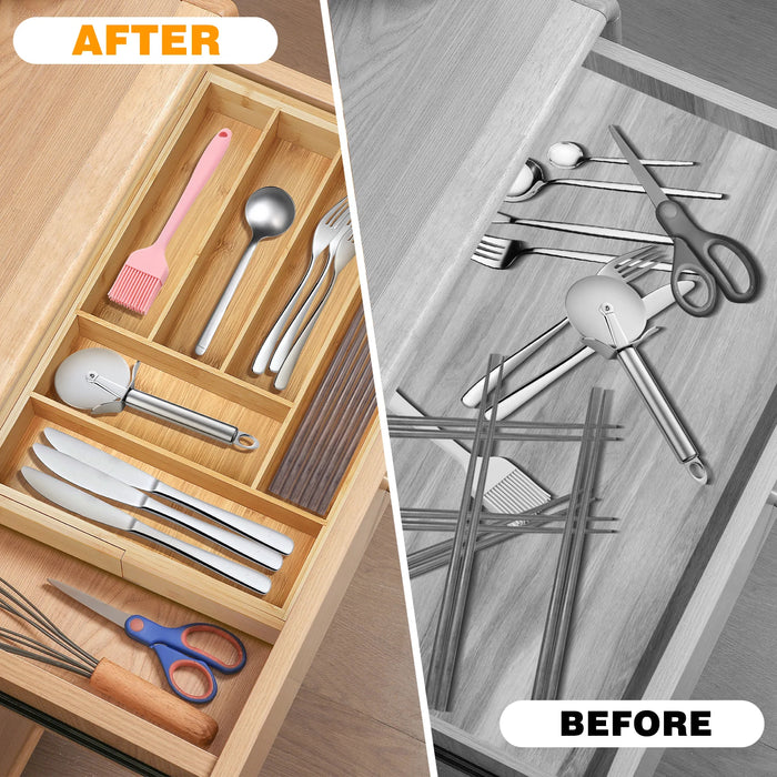 Bamboo Cutlery Tray, Expandable 32–52cm – 6–8 Compartment Drawer Organiser