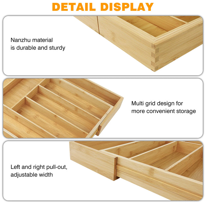 Bamboo Cutlery Tray, Expandable 32–52cm – 6–8 Compartment Drawer Organiser