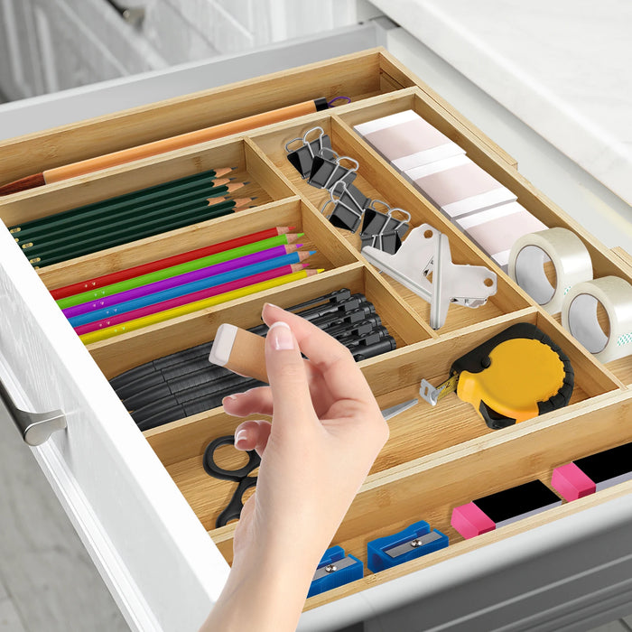 Bamboo Cutlery Tray, Expandable 32–52cm – 6–8 Compartment Drawer Organiser