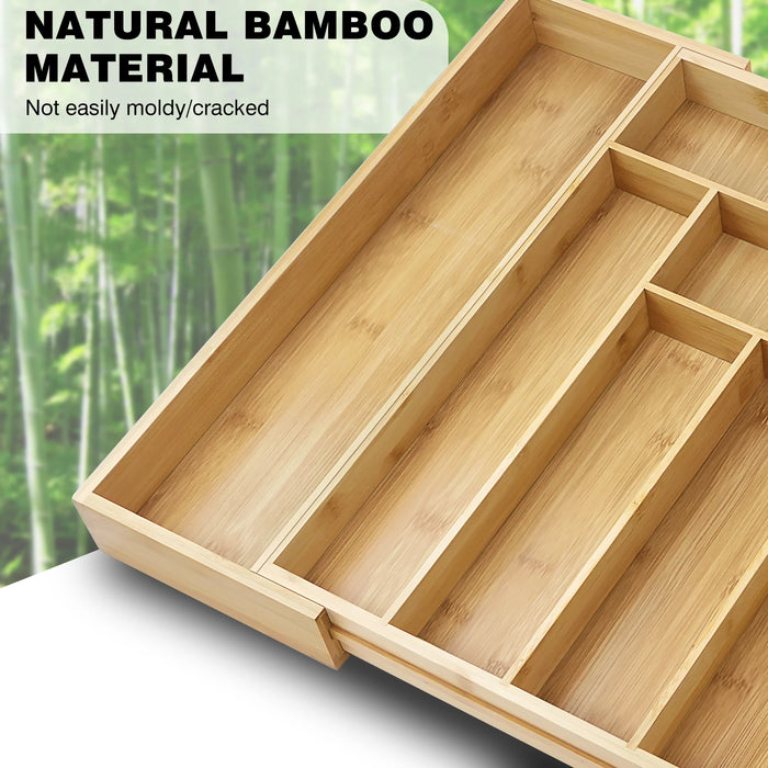Bamboo Cutlery Tray, Expandable 32–52cm – 6–8 Compartment Drawer Organiser