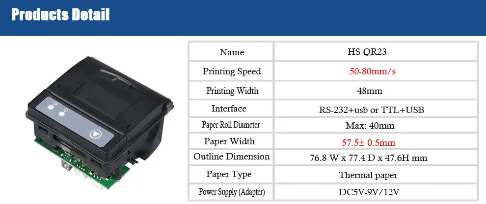 58mm Embedded Thermal Receipt Printer HS-QR23 – RS-232C & TTL, 12V
