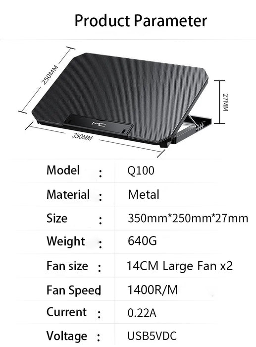 Large Cooling Pad for 12-16 inch Laptops — Dual Fans, USB, Adjustable Speed, Quiet