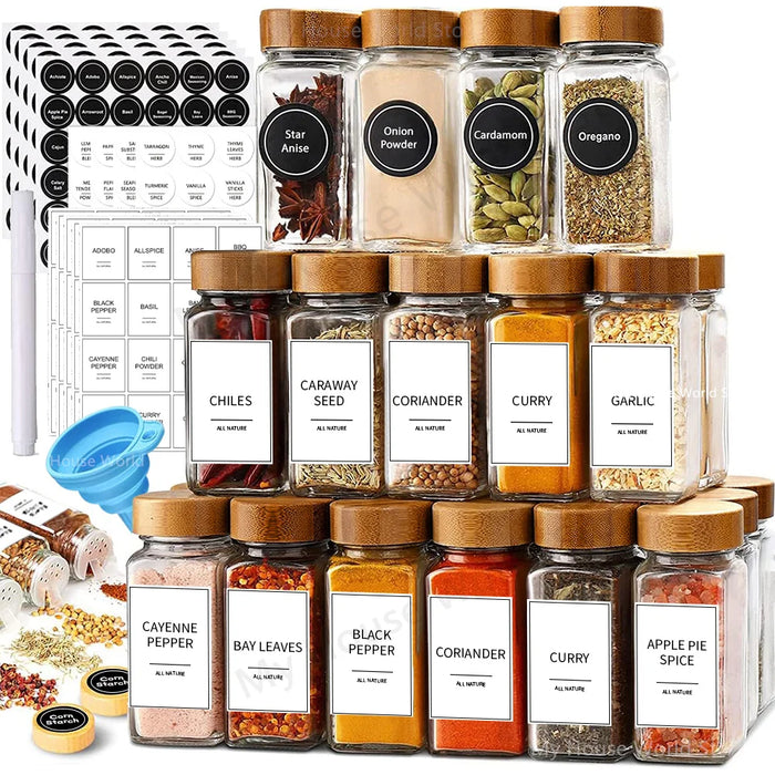 13-piece Glass Spice Jars with Bamboo Lids, 120ml Square Seasoning Jars with Shaker Lids, Labels & Funnel