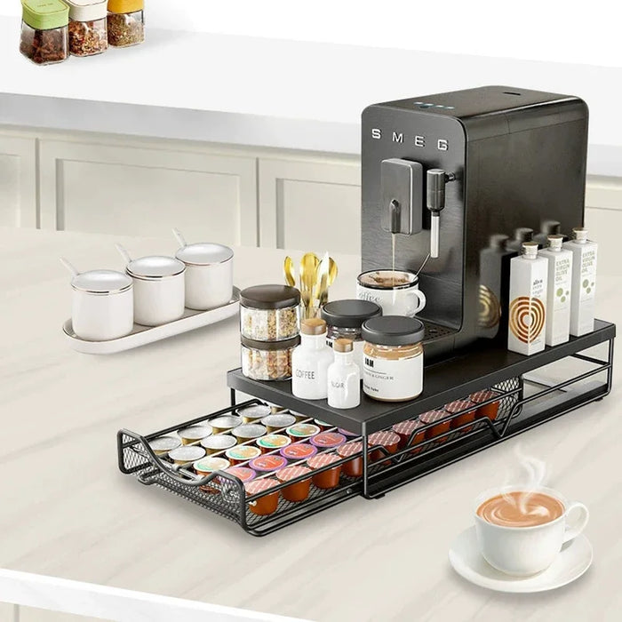 Coffee Capsule Pull-Out Desktop Drawer Storage Rack – Metal Base Shelf (Dull)
