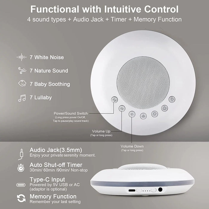 Portable Baby White Noise Machine — 28 Soothing Sounds, USB‑C Rechargeable, Timer & Memory