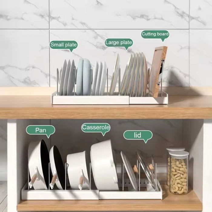 Expandable Pot and Pan Organiser — Space-saving Cabinet Holder for Lids and Dishes
