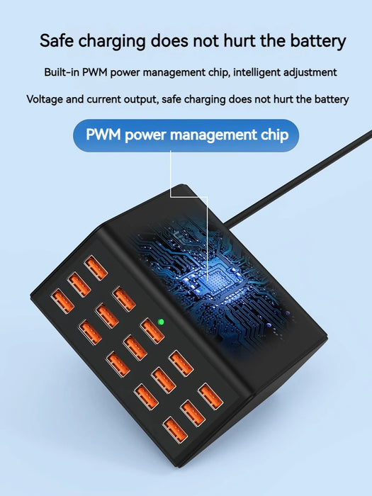 100W 15-Port Desktop USB Charger Station — Fast Charge for iPhone, iPad & Samsung