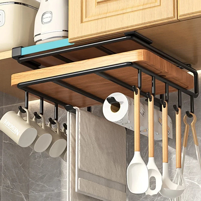 Under‑Cupboard Hanging Kitchen Rack with Hooks for Cutting Boards, Paper Towels & Lids