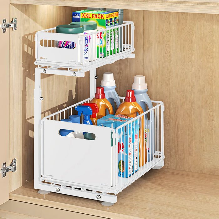 2-Tier Under-Sink Pull-Out Organiser — Adjustable Height Thickened Metal Sliding Drawers (Black or White)
