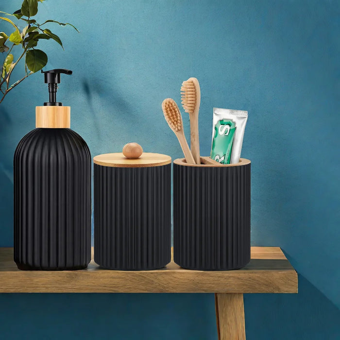 Bathroom Countertop Organiser – Soap Dispenser, Cotton Box & Toothbrush Holder (Plastic & Bamboo)