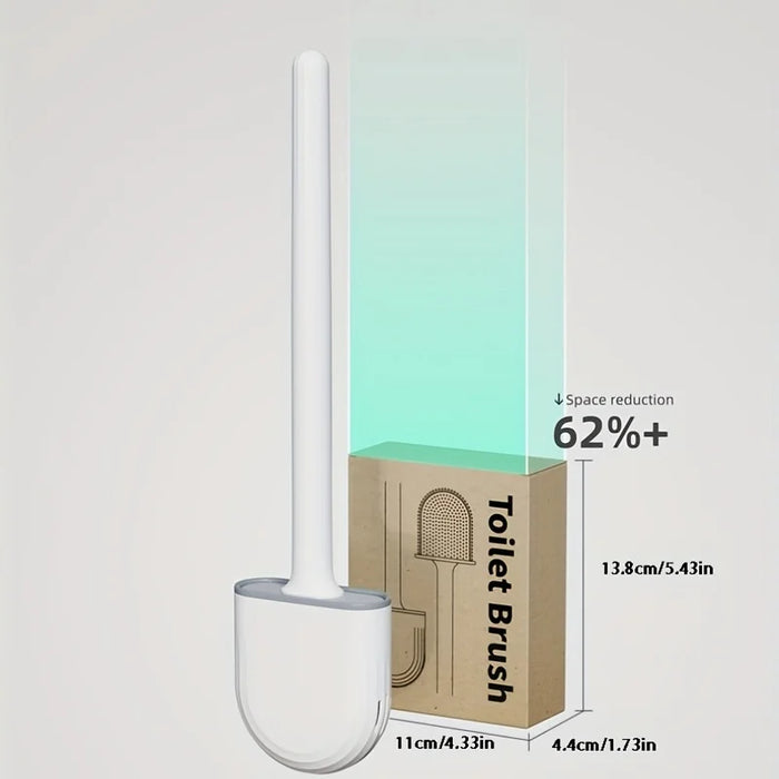 Wall-mounted Silicone Toilet Brush & Holder — Long Non-slip Handle, Ventilated Case, No-drill Fit