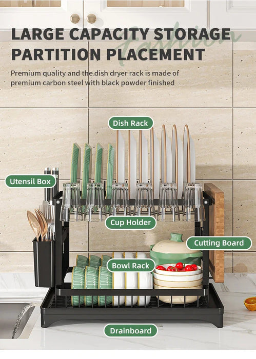 Stainless Steel 2-Tier Dish Rack — Hygienic Residue-Free Drying, Compact Kitchen Organiser