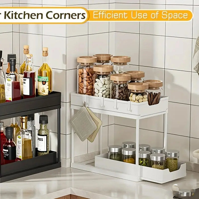 Double-Layer Pull-Out Storage Rack with 5 Hooks — PP Drawer Organiser for Kitchen & Bathroom
