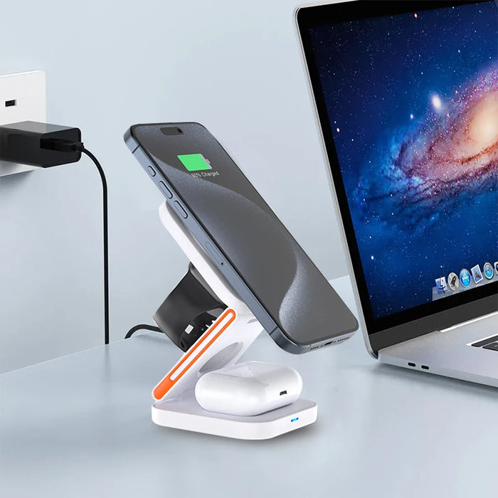 3‑in‑1 Foldable Magnetic Fast Wireless Charger Stand for iPhone 12–17, Apple Watch & AirPods