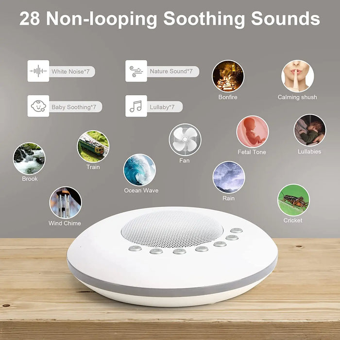 Portable Baby White Noise Machine — 28 Soothing Sounds, USB‑C Rechargeable, Timer & Memory