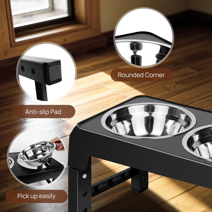 Dayplus Height-Adjustable Raised Dog Bowl – 2×1200ml Stainless Steel, 4 Heights (Black)