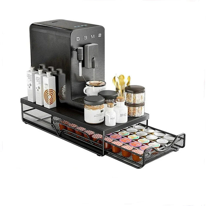 Coffee Capsule Pull-Out Desktop Drawer Storage Rack – Metal Base Shelf (Dull)