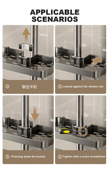 Punch-Free Shower Caddy (Single or Double) — Space Aluminium Shelf with Optional Towel Rail