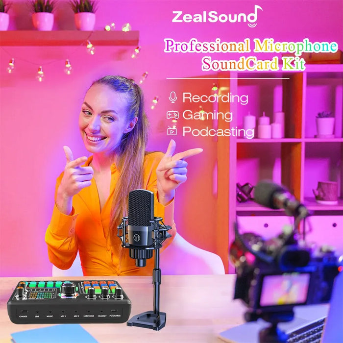 Zealsound Professional Podcast Microphone SoundCard Kit for PC Smartphone Laptop Computer Vlog Recording Live Streaming YouTube