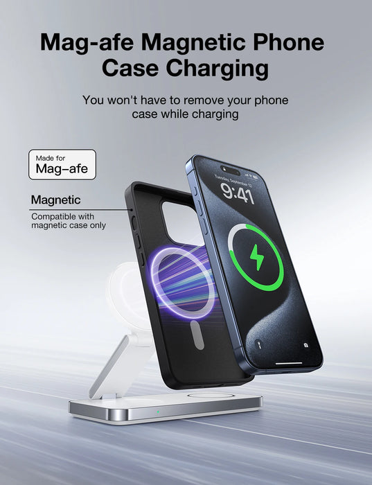 Magnetic 3-in-1 Foldable Fast Wireless Charger Stand for iPhone, Apple Watch & AirPods