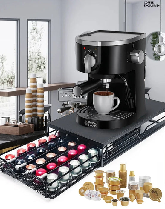 Coffee Capsule Pull-Out Desktop Drawer Storage Rack – Metal Base Shelf (Dull)