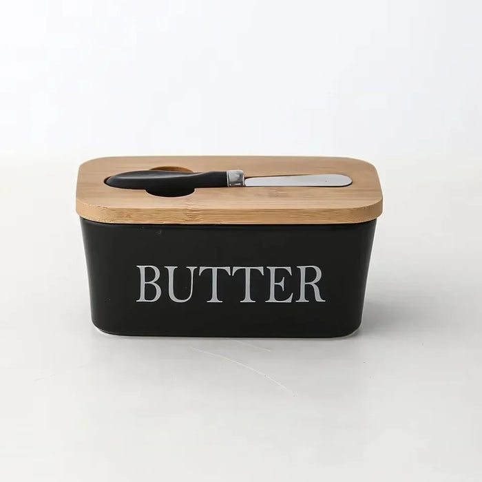 Ceramic Butter & Cheese Storage Box with Bamboo Lid and Knife — 14.8×8.5×6cm