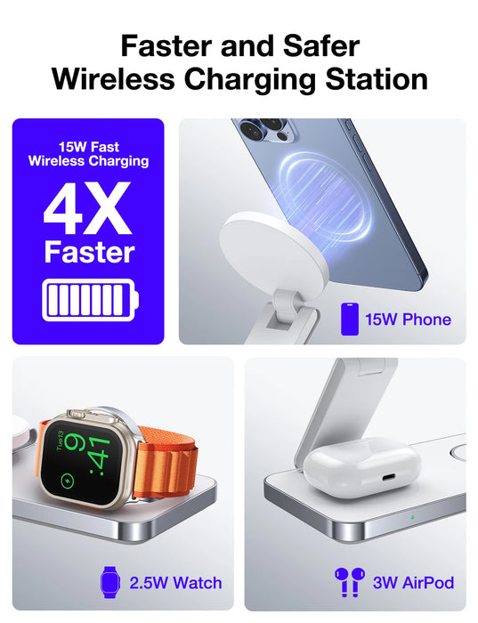 Magnetic 3-in-1 Foldable Fast Wireless Charger Stand for iPhone, Apple Watch & AirPods