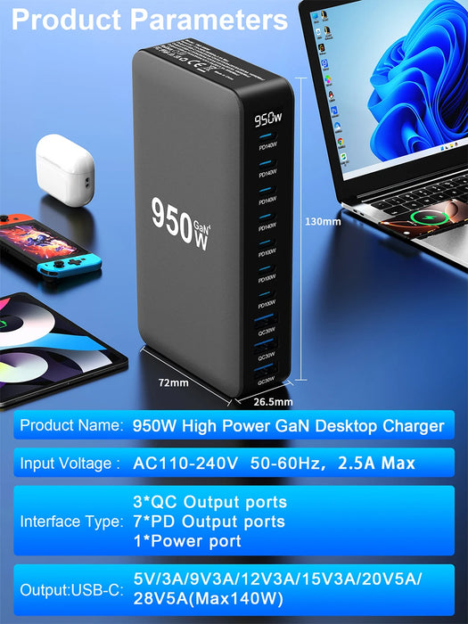 950W GaN USB‑C Multiport Charger — PD3.0/PPS, Fast Charging for Laptop & Phone