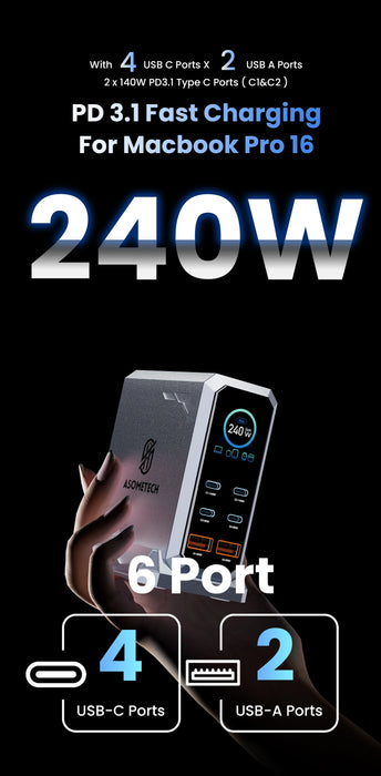 240W GaN Desktop Charger — 6‑Port (4×USB‑C, 2×USB‑A), 140W PD3.1 & PPS