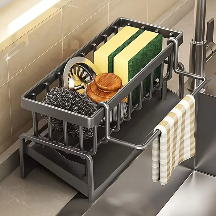 Kitchen Sink Sponge Holder – Auto-Draining Plastic Sink Caddy with Removable Brush Holder