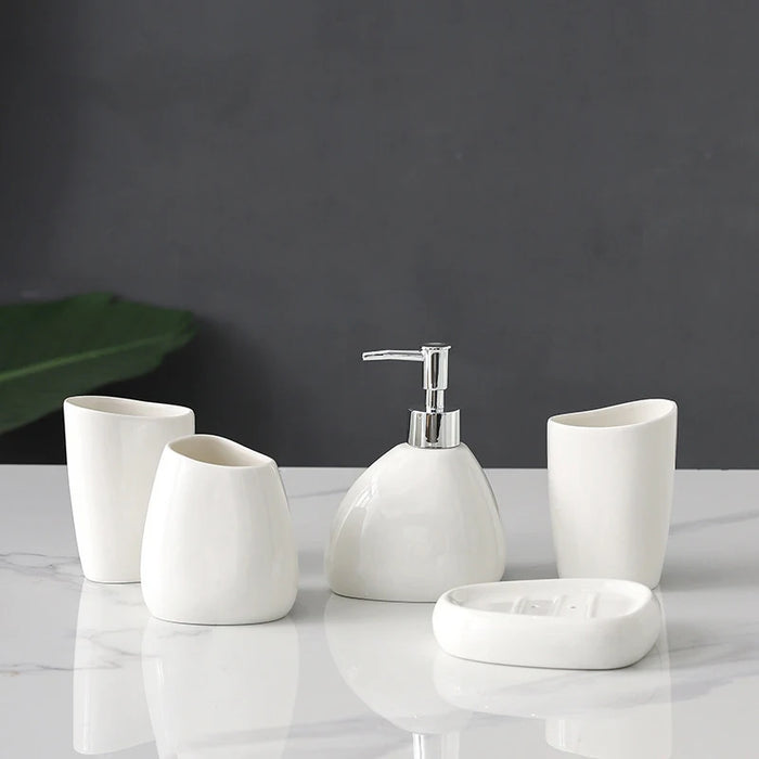 Modern Ceramic Bathroom Accessory Set — 4 or 5 Piece with Pump Dispenser