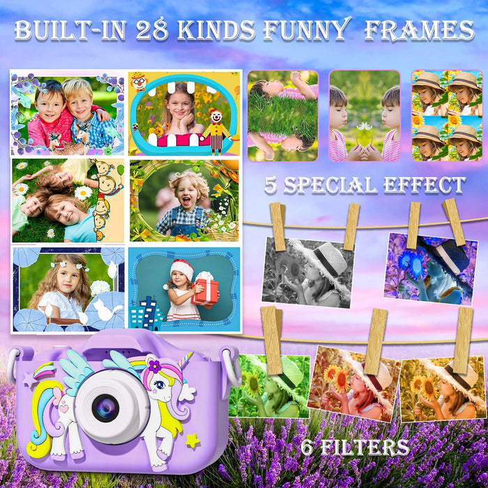 Kids Mini Camera Cartoon Unicorn Toys for Girls Boys Birthday Gifts 1080P HD 2inch Screen With 32G SD Card Record Life Camera