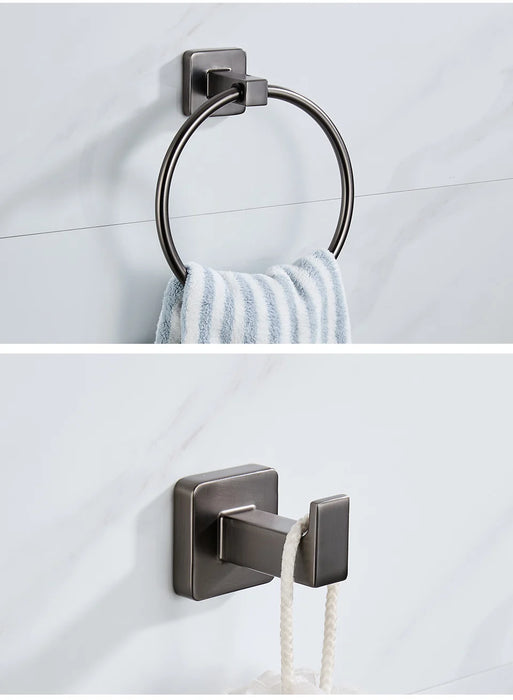 Grey Bathroom Hardware Set — Shelf, 48cm Towel Bar, Towel Ring, Robe Hook & Paper Holder