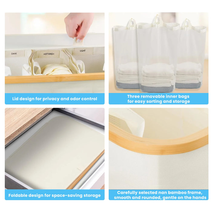 Slim Laundry Hamper — 100L or 160L Bamboo Basket with Removable Washable Bag & Handles