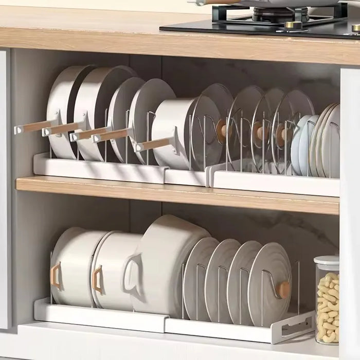 Expandable Pot and Pan Organiser — Space-saving Cabinet Holder for Lids and Dishes