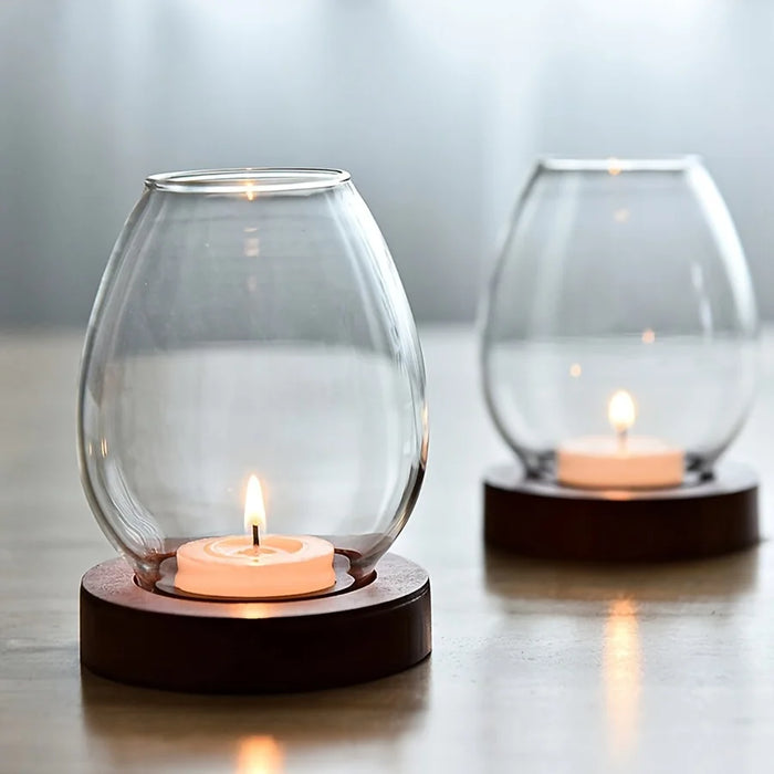 European Clear Glass Candle Holder with Wooden Base | Warm Ambient Lighting