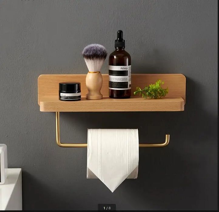 Wall-Mounted Toilet Roll Holder with Shelf — Brass & Wood, Stainless Steel