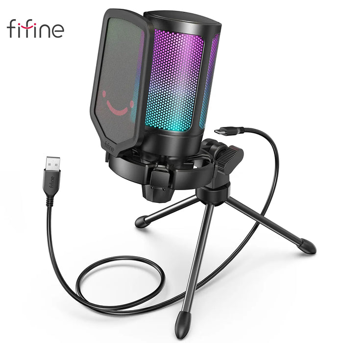FIFINE USB Condenser Gaming Microphone, for PC PS4 PS5 MAC with Pop Filter Shock Mount&Gain Control for Podcasts