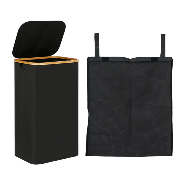 Foldable 2-Section Laundry Hamper with Lid — Bamboo Handles & Removable Bag